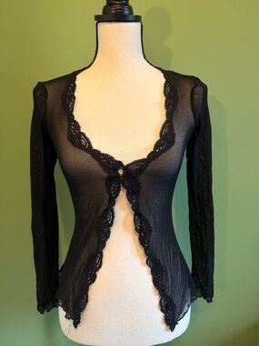 Black Lace Trim Sheer Long-Sleeve cardigan/ Intimate Top